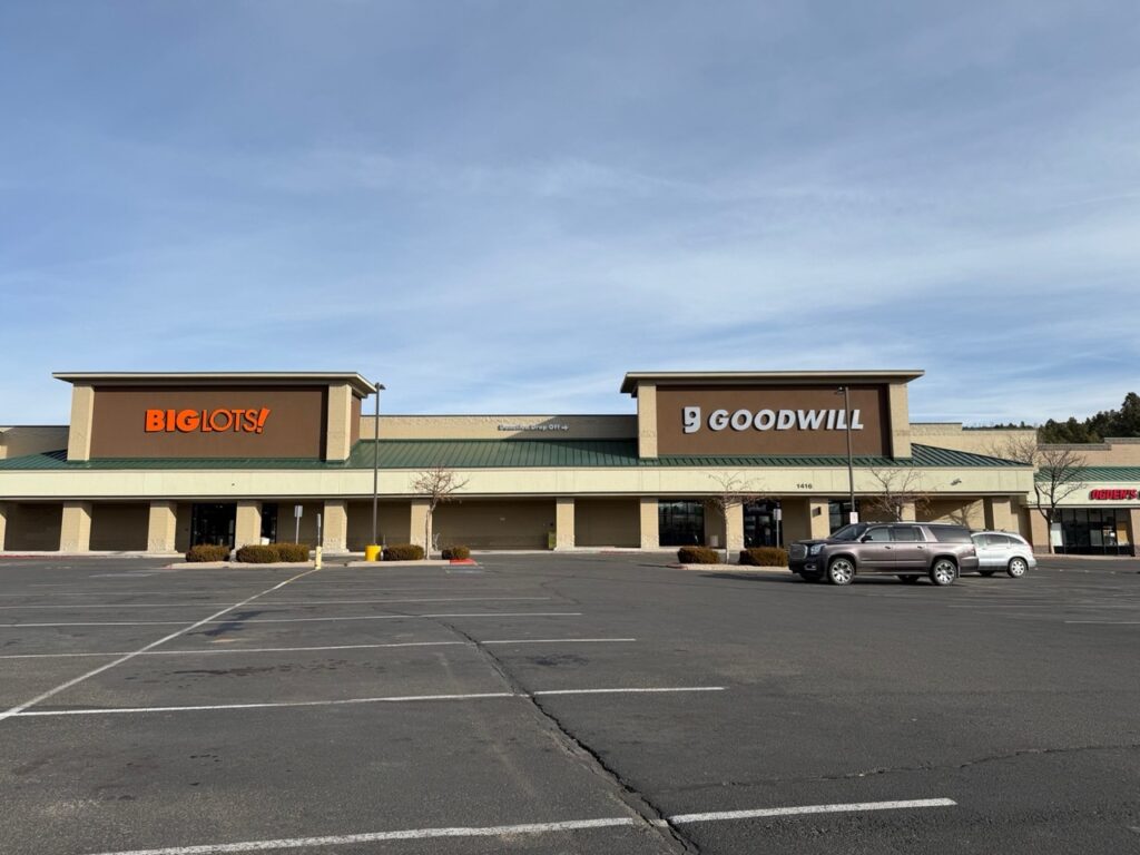Big Lots and Goodwill storefronts with clear skies